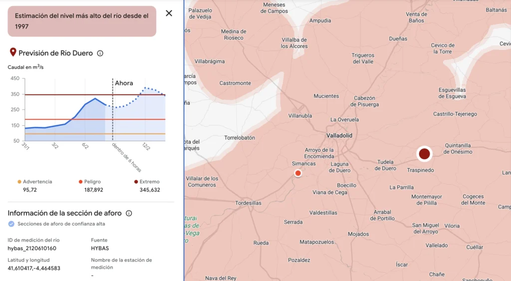 imagen de los datos del nivel de alerta según Google Flood hub