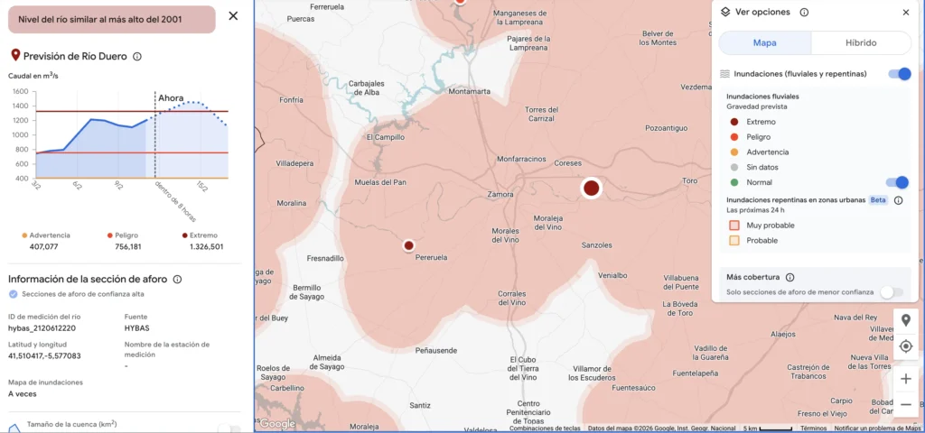 gráfico reogido de google flood hub con datos de inundacion en zamora