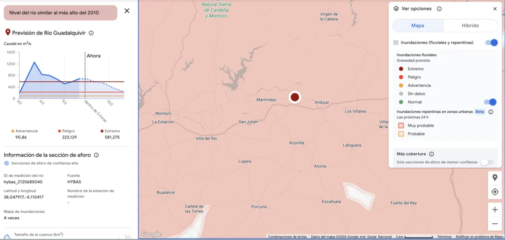 mapa de google flood hub de alerta en jaén por inundaciones