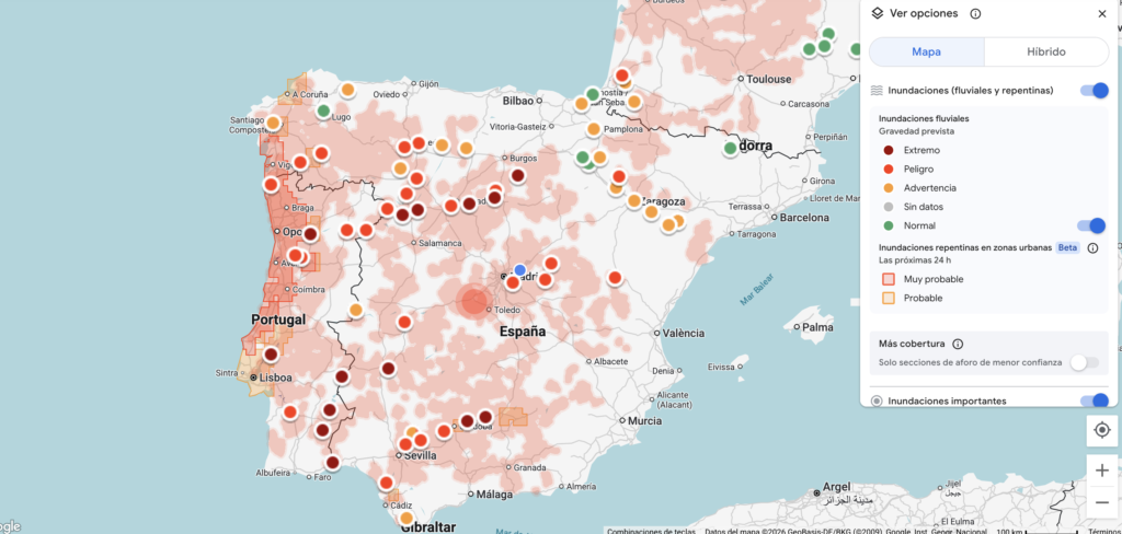 mapa de estado actual de la alerta de nivel de los afluentes en españa según flood hub de google