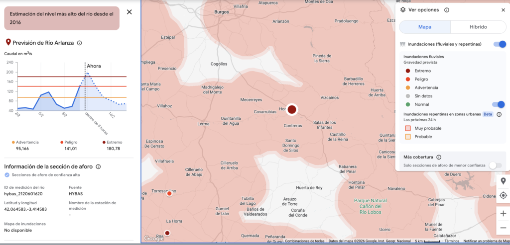 Mapa de Google Flood Hub que muestra una alerta de nivel extremo por inundación en el río Arlanza (Burgos) con un caudal superior a 180 m³/s, afectando a las zonas de Lerma y Covarrubias