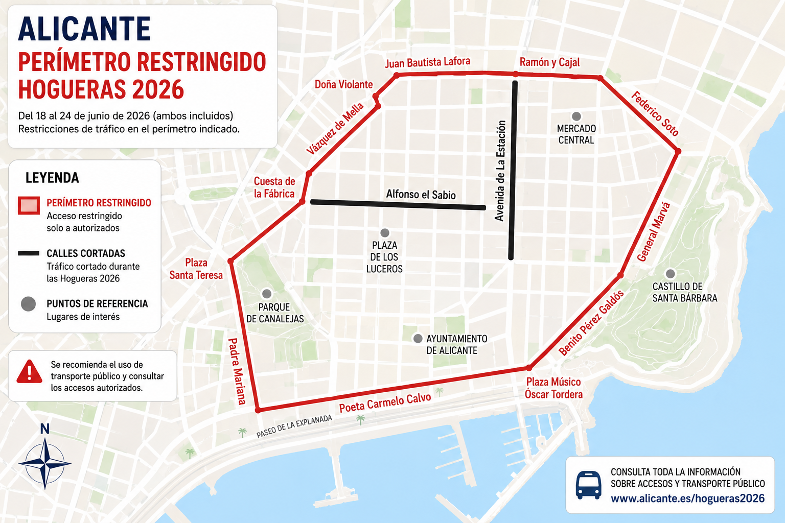 Cortes de tráfico en Alicante por las Hogueras 2026: circuito restringido del 17 al 25 de junio y calles cerradas