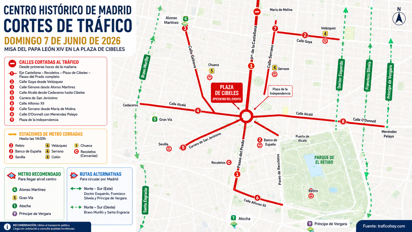 Cortes de tráfico en Madrid este domingo 7 de junio: un millón de personas bloquean el centro y el Metro cierra siete estaciones