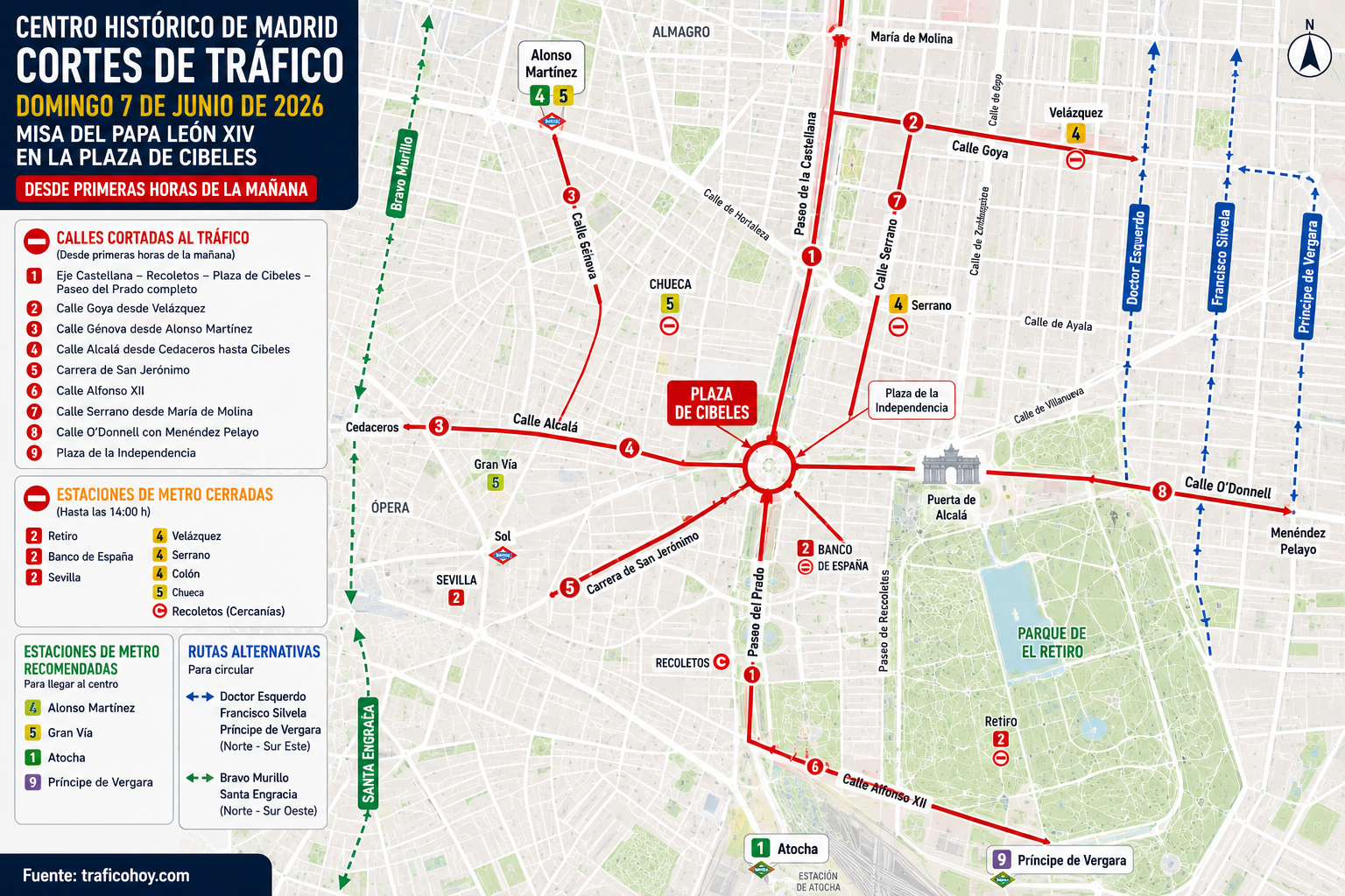 Cortes de tráfico en Madrid este domingo 7 de junio: un millón de personas bloquean el centro y el Metro cierra siete estaciones