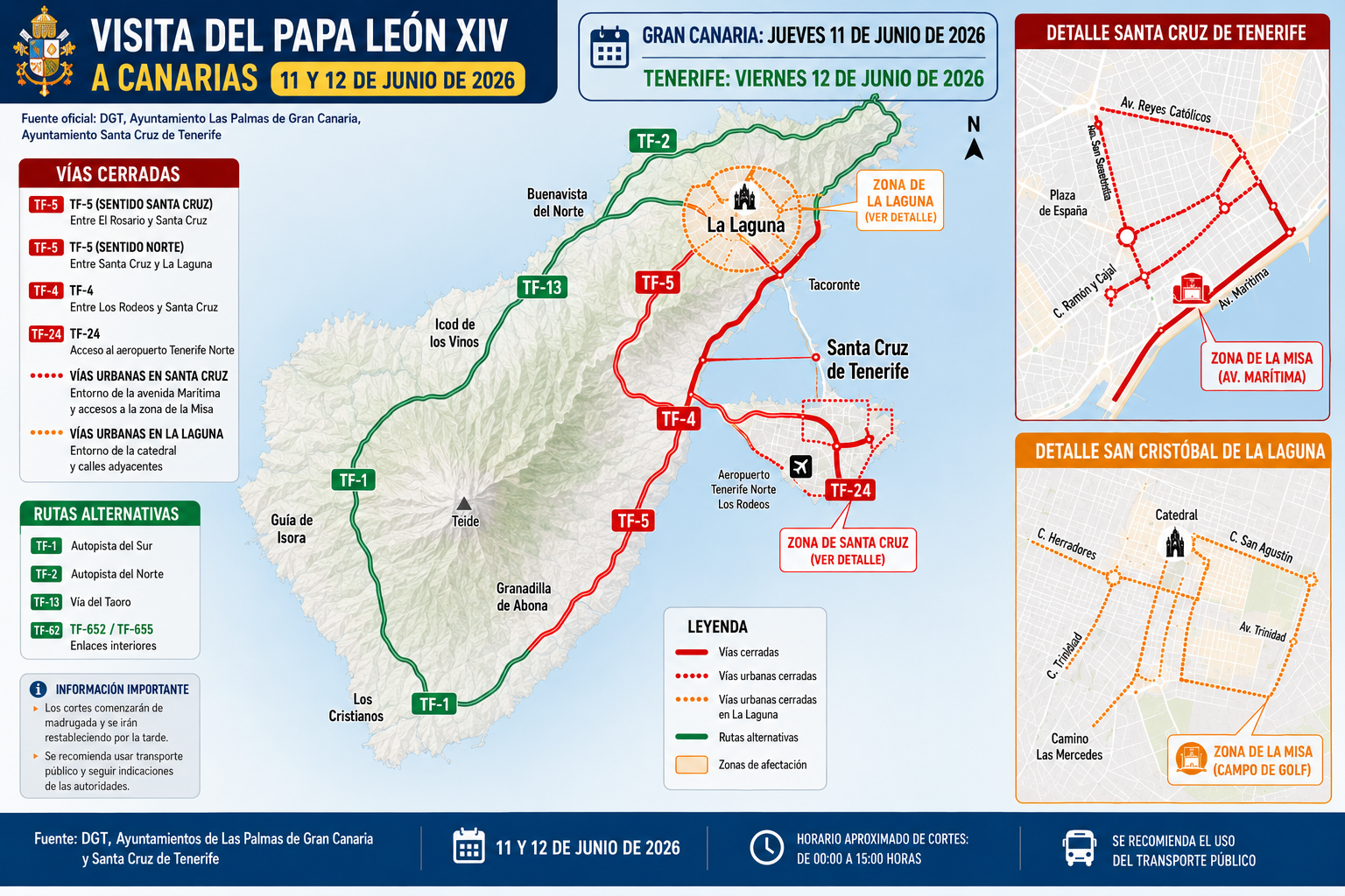 Mapa de cortes de tráfico en Canarias por la visita del Papa León XIV