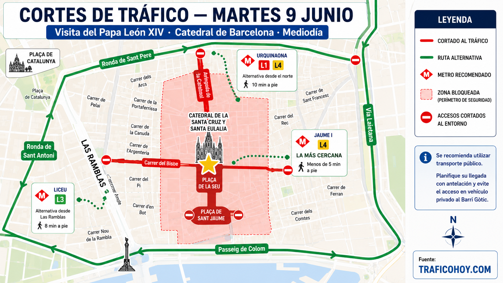 Mapa de Cómo llegar a la Catedral de Barcelona hoy martes 9 de junio