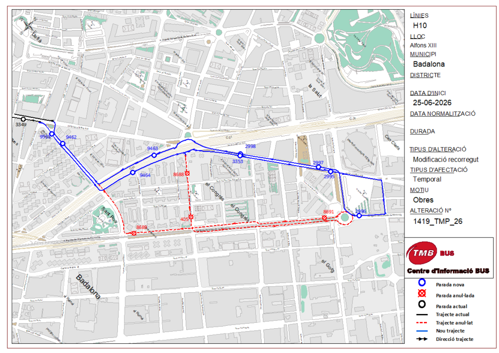 Mapa de la línea H10 de Barcelona por obras: paradas anuladas y alternativas