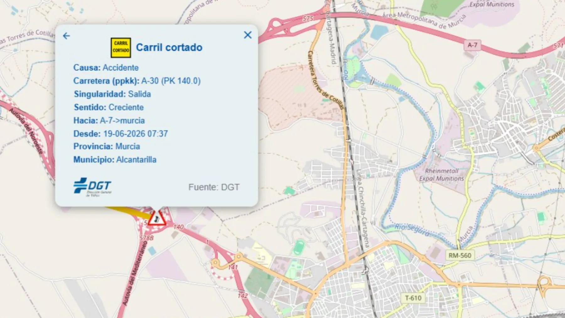 Accidente en la A-30 en Alcantarilla (Murcia), corta el ramal de salida en el km 140 sentido Cartagena