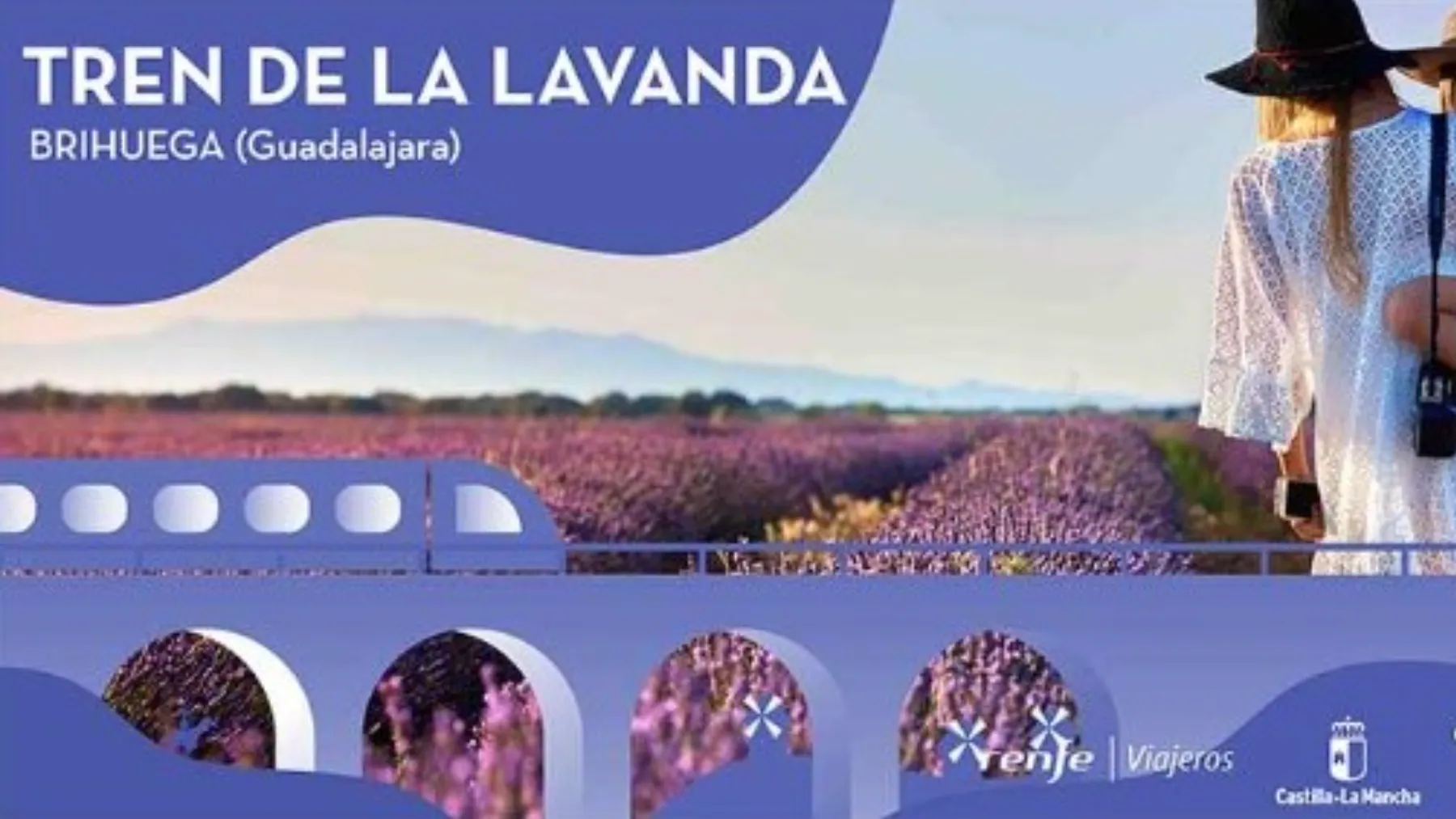Tren de la Lavanda 2026: viaje desde Madrid a Brihuega los días 9 y 16 de julio. Precio 50€ adultos, 20€ niños. Sale de Atocha a las 09:42h. Billetes en renfe.com.