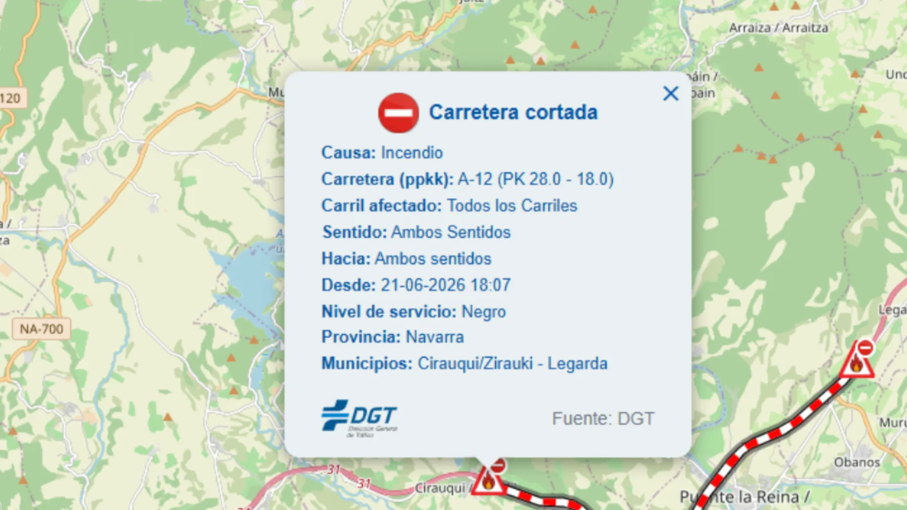 Incendio corta la A-12 en Zirauki Navarra: corte total en ambos sentidos entre los km 18 y 28