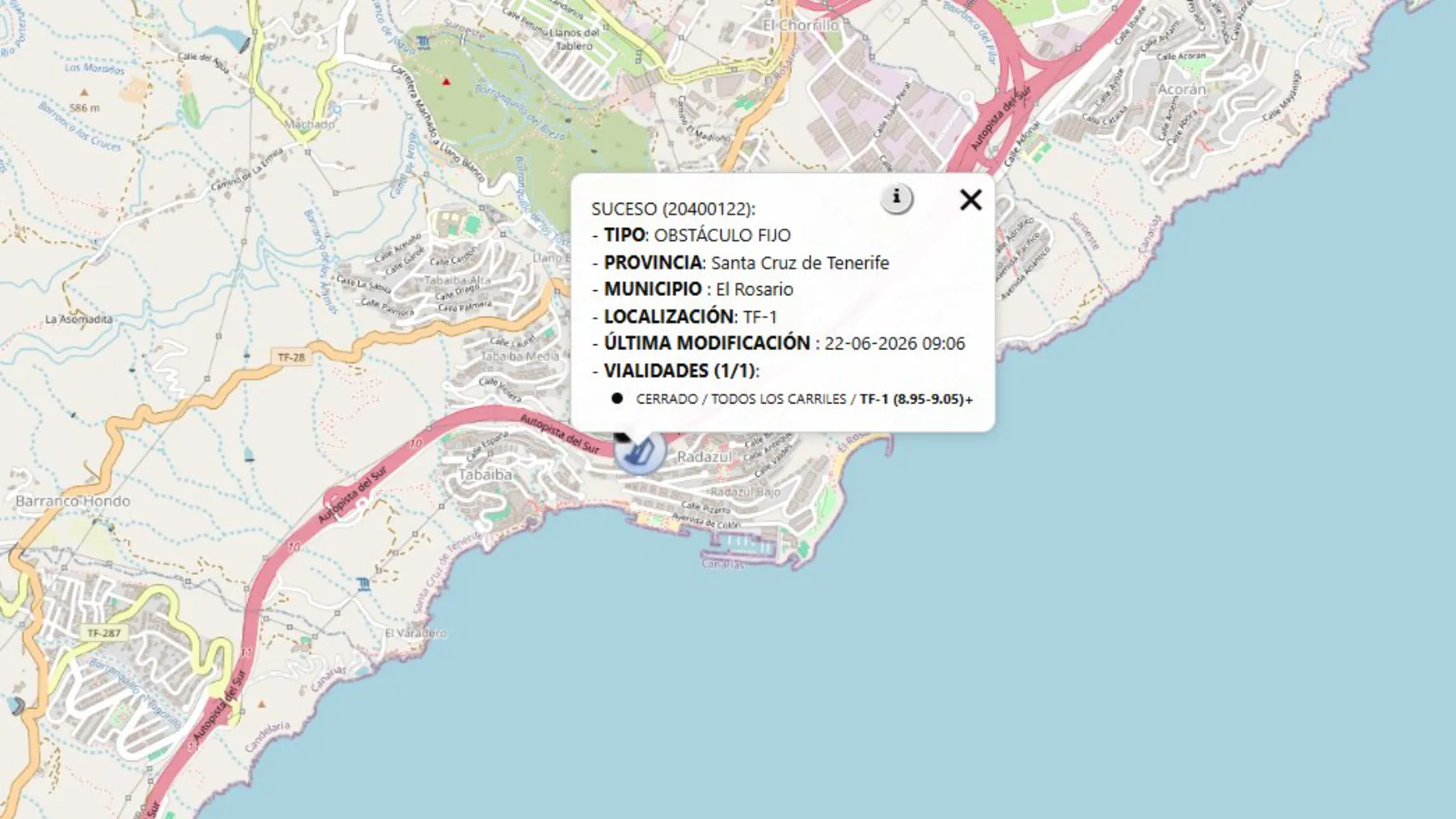 Accidente en la TF-1 en Tabaiba Tenerife corta la autopista en el km 9 dirección Santa Cruz