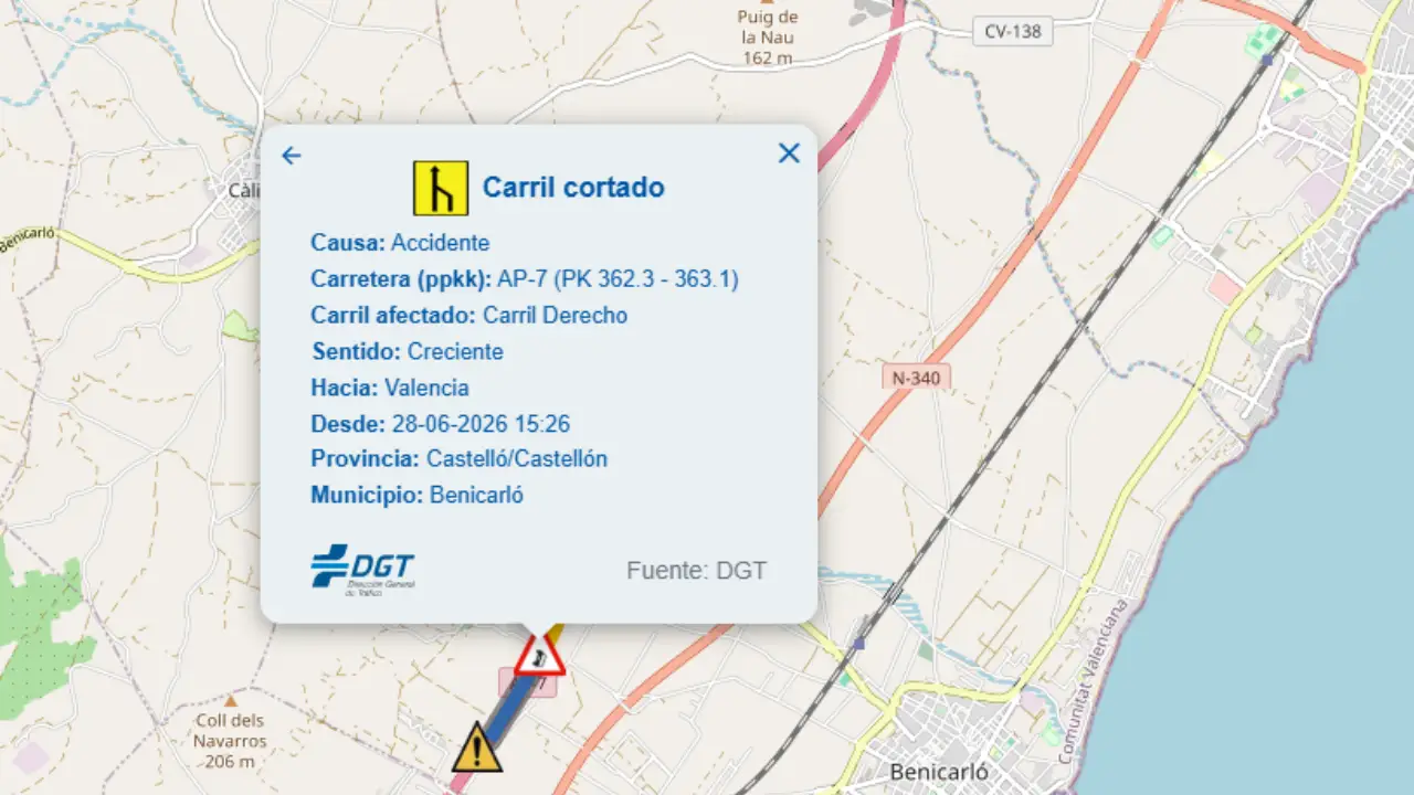 Problemas en la AP-7 en Castellón: un accidente en Benicarló provoca el corte de un carril hacia Valencia