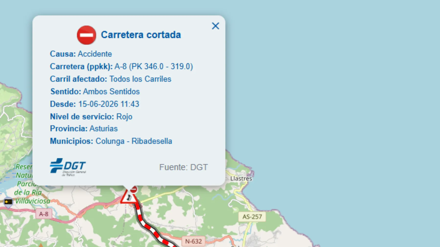 Cortada la A-8 en Asturias entre Colunga y Ribadesella por un siniestro: desvíos por la N-634
