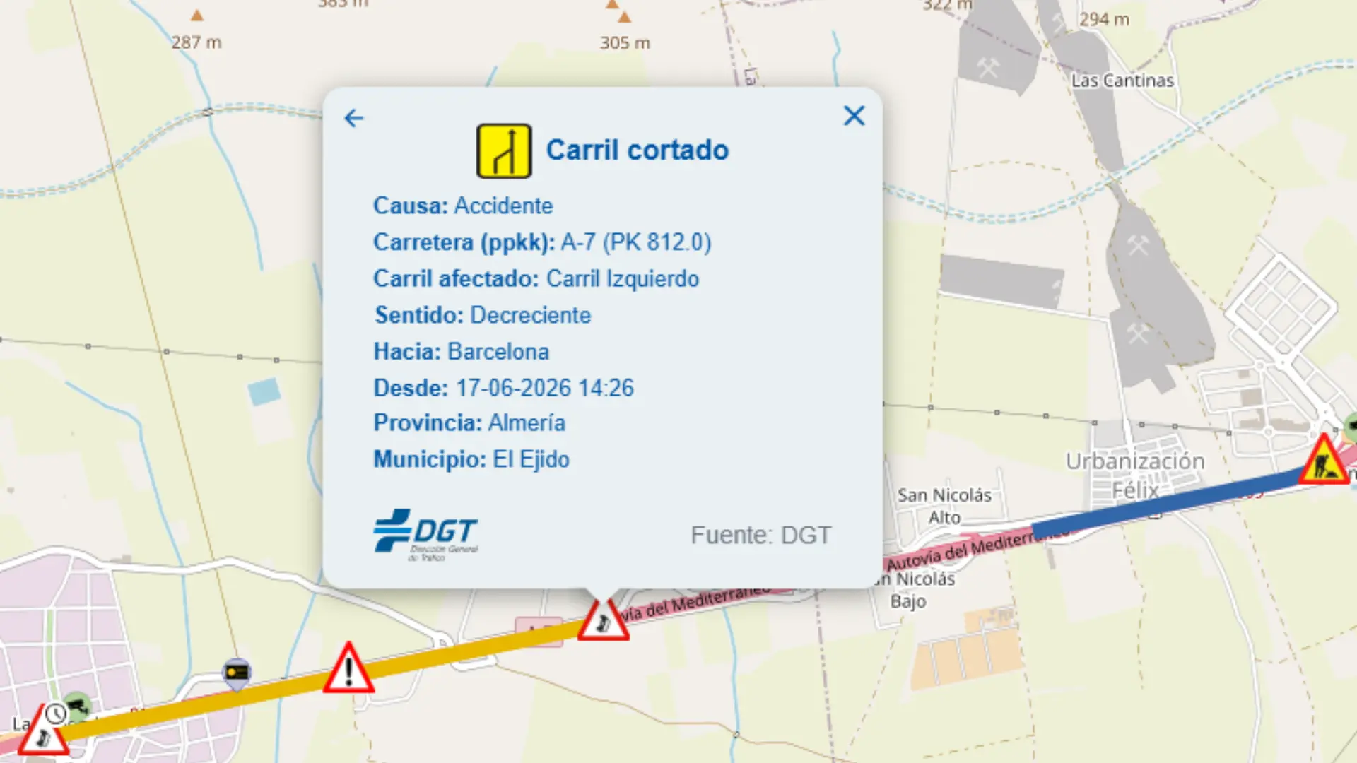 Accidente en la A-7 complica la salida hacia Murcia: carril cortado en El Ejido y avisan de retenciones activas