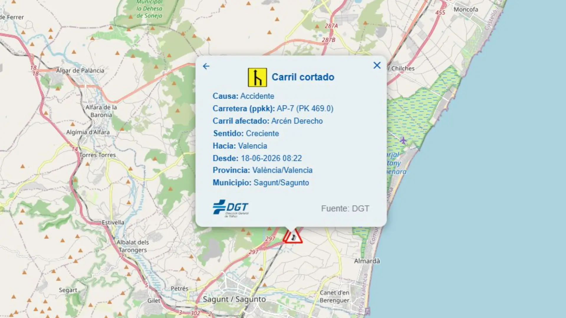Retenciones en la AP-7 en Valencia: un alcance provoca problemas de tráfico a la altura de Sagunto