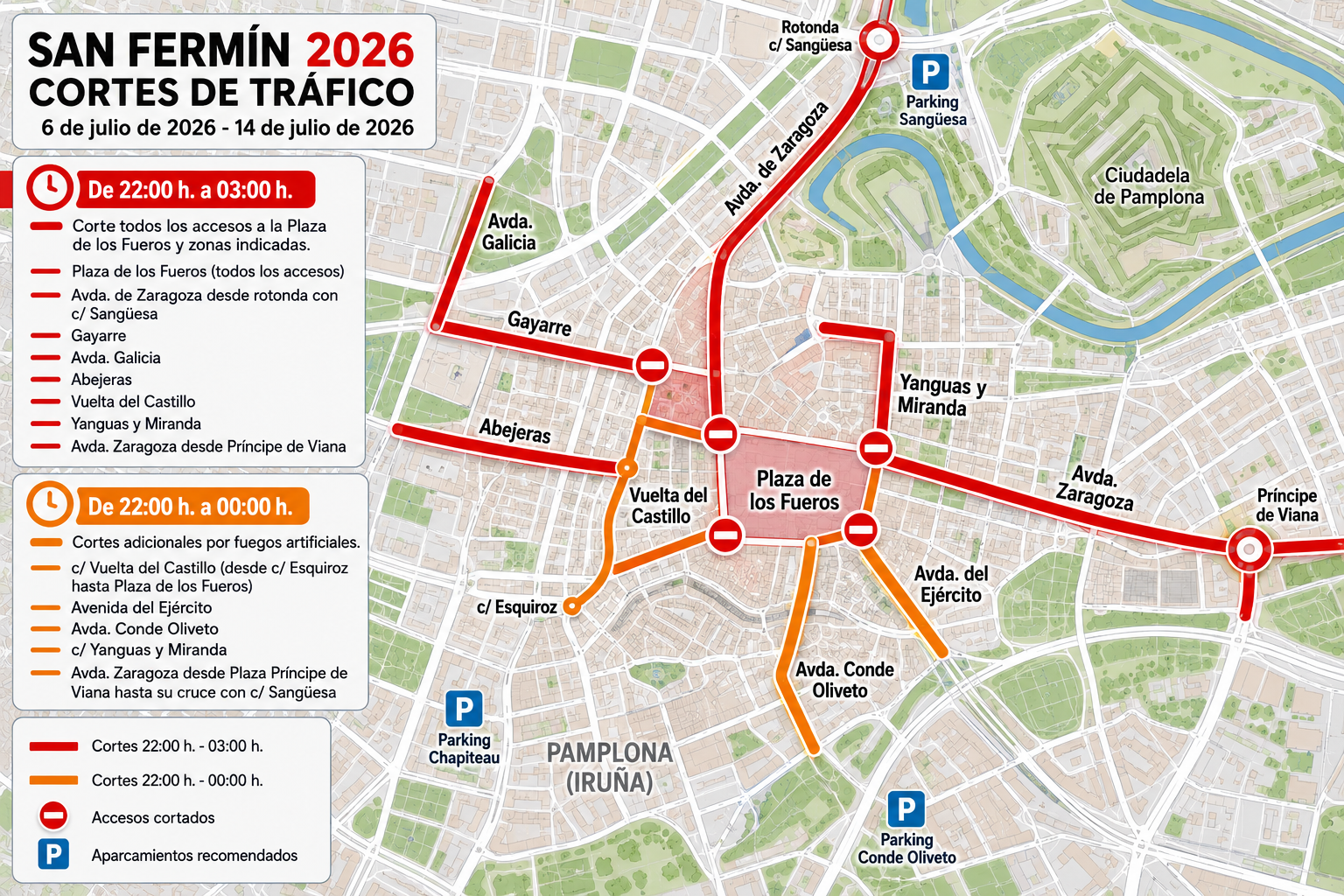 Mapa de cortes de tráfico en San Fermín 2026: calles afectadas, horarios y restricciones por los fuegos artificiales