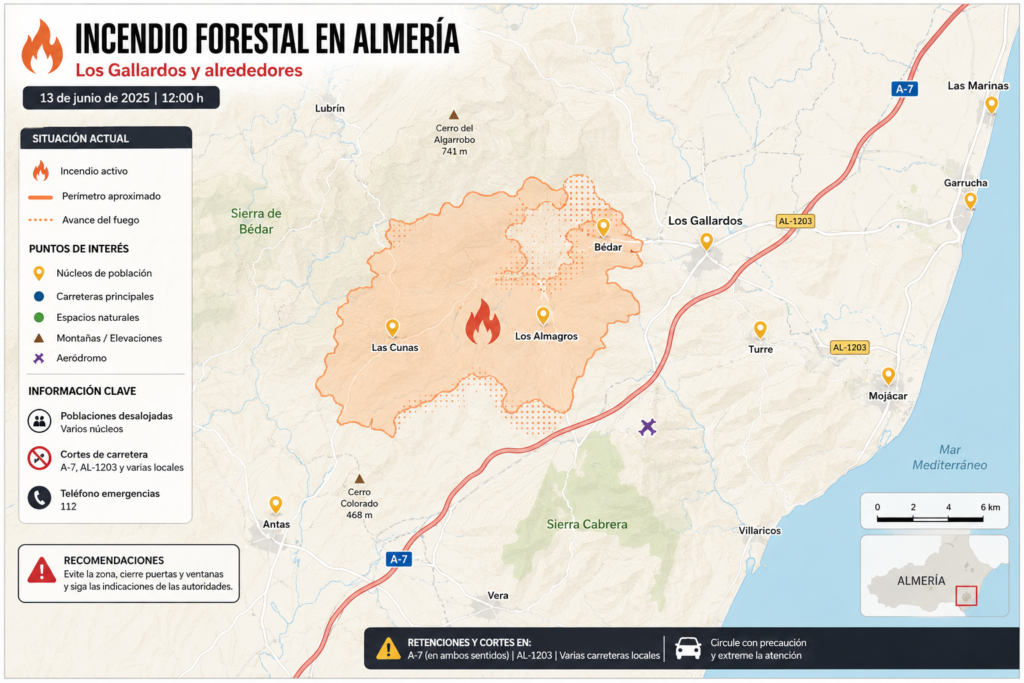 Mapa detallado e incendio de Almería