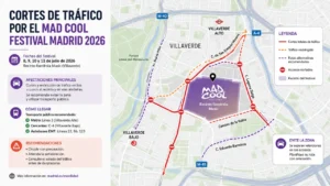 Mapa de cortes de tráfico por el Mad Cool Festival Madrid 2026: calles afectadas, horarios y restricciones