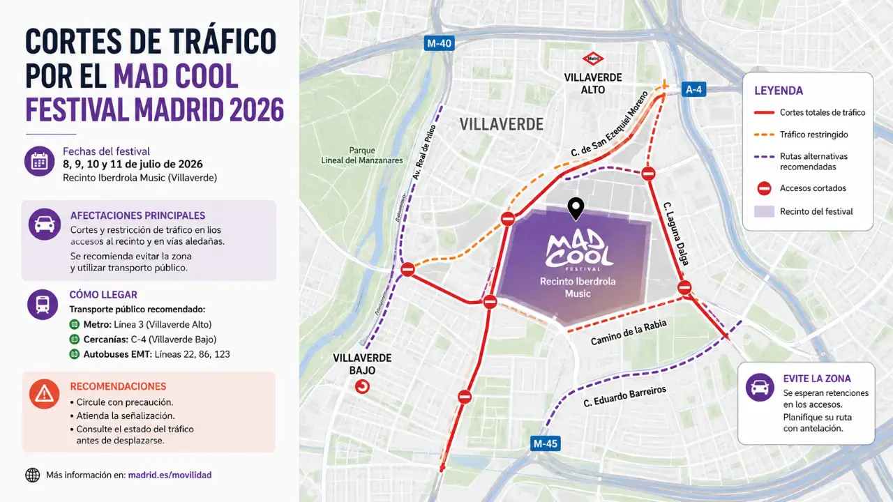 Cortes de tráfico por el Mad Cool Festival Madrid 2026: calles afectadas, horarios y restricciones