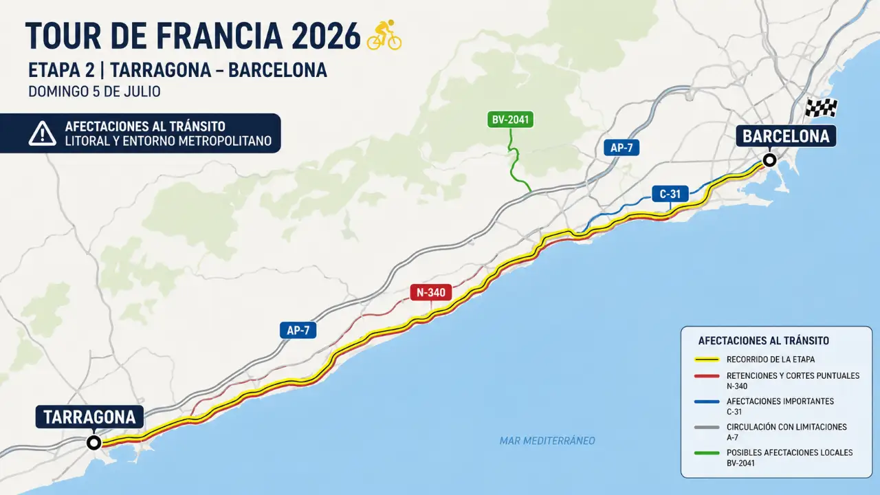 El Tour de Francia 2026 complica el tráfico entre Tarragona y Barcelona: mapa de carreteras afectadas
