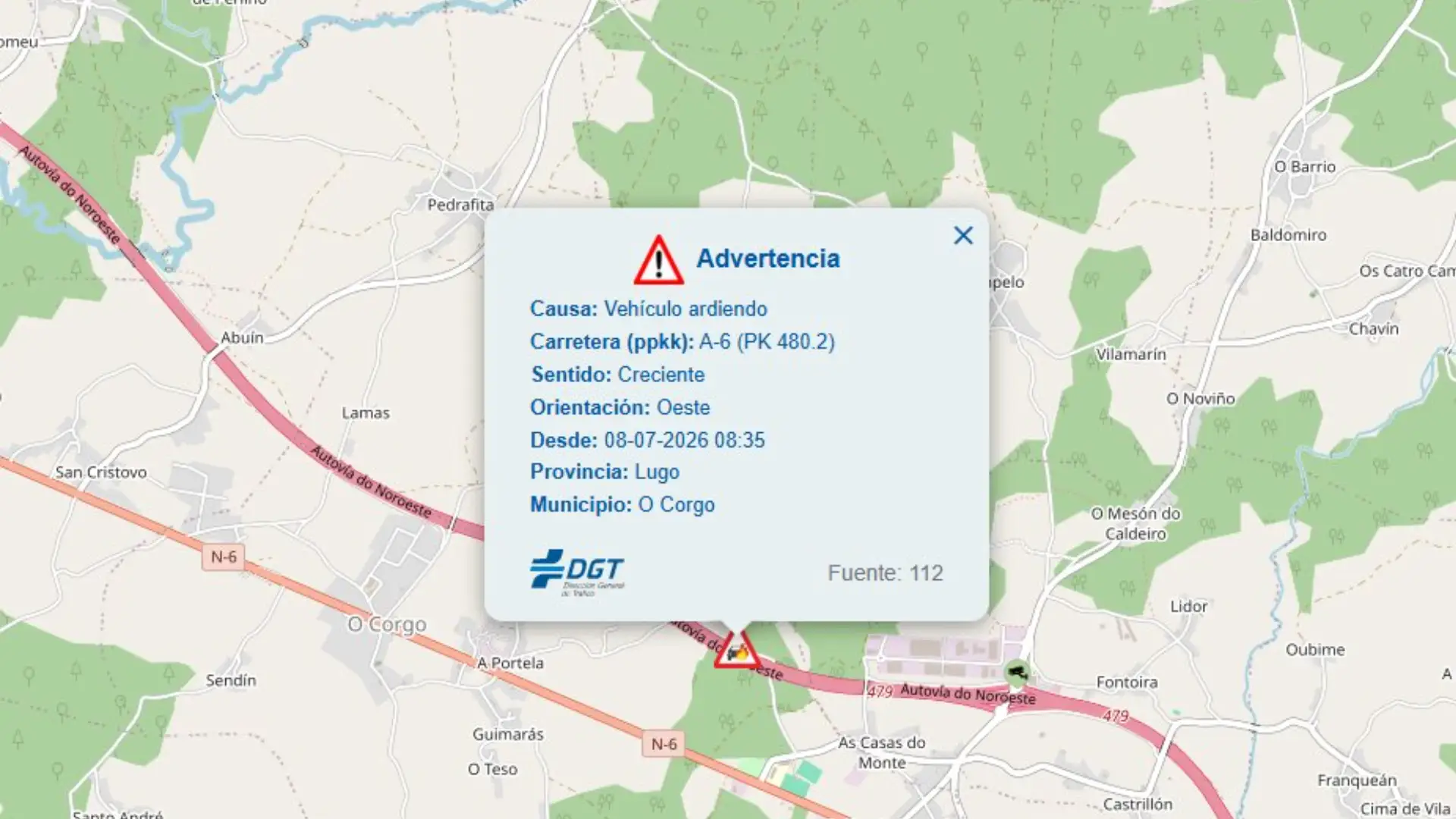 Cortada la A-6 en Lugo por el incendio y accidente de un camión: desvío habilitado en Serín hacia Benavente