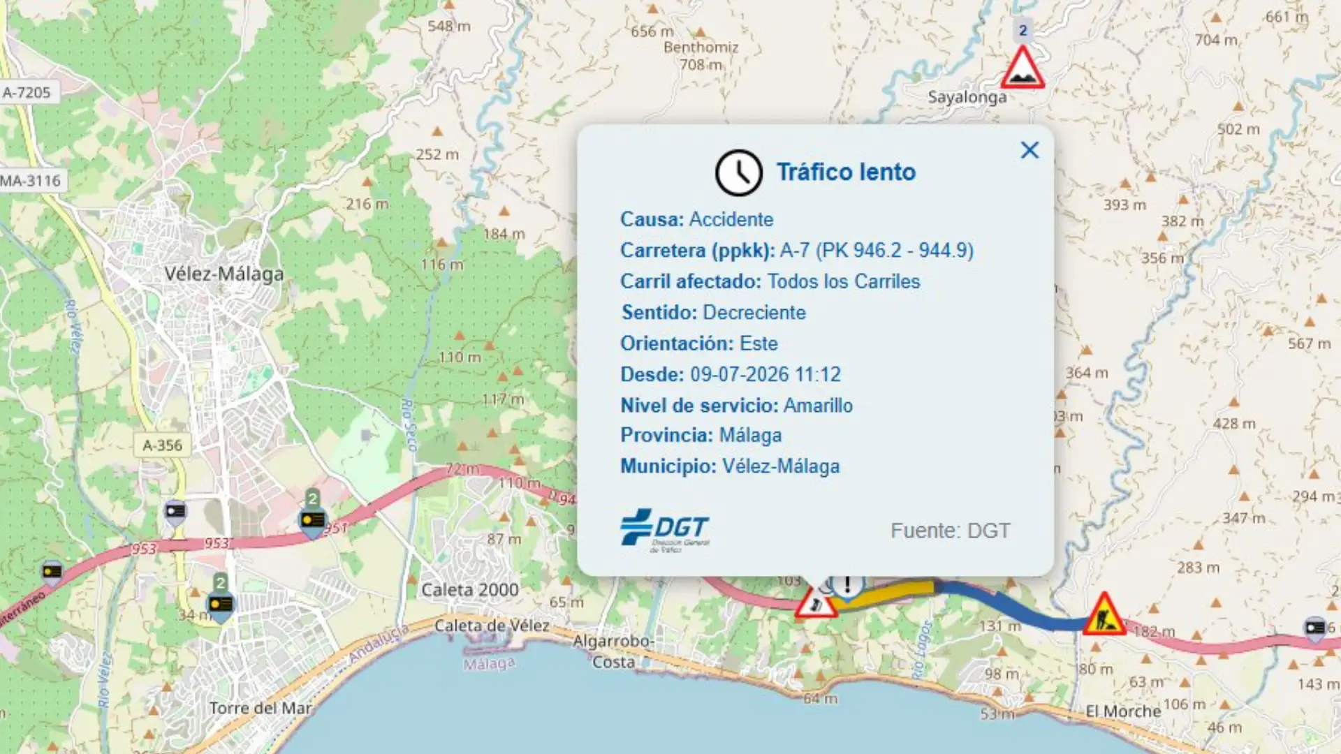 Accidente en la A-7 en Vélez-Málaga provoca 2 kilómetros de tráfico lento en sentido Motril