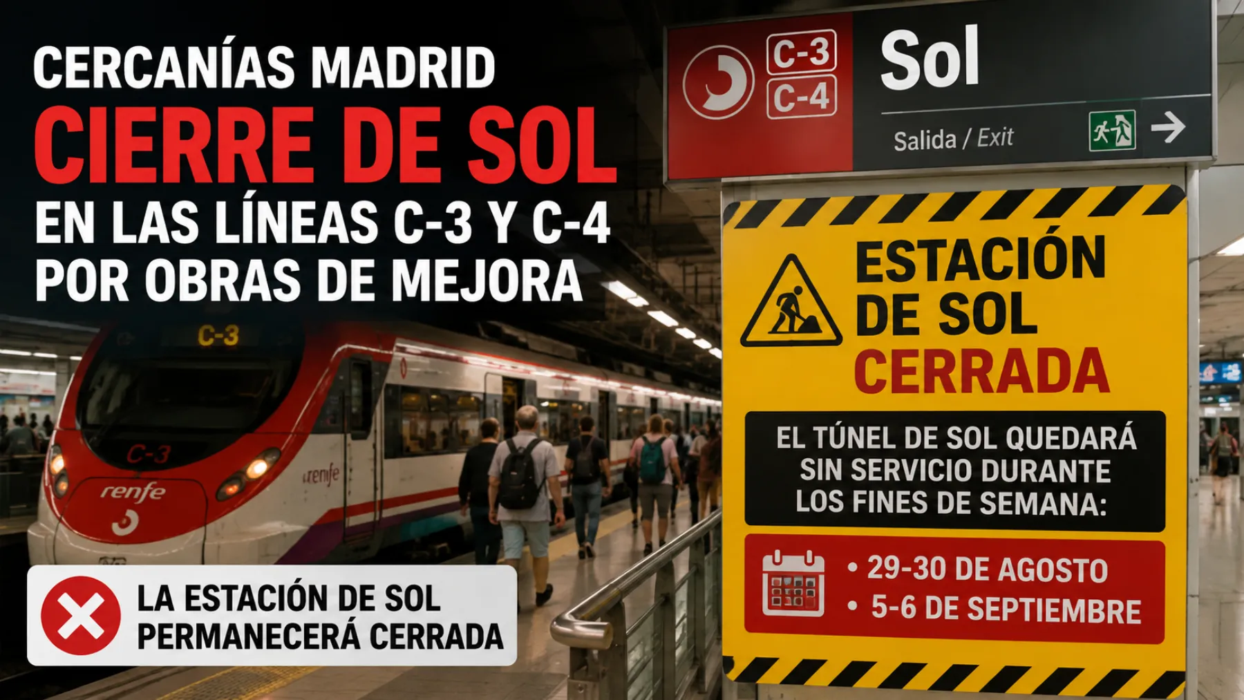 Cercanías Madrid cierra la estación de Sol y el túnel de las líneas C-3 y C-4: fechas y alternativas