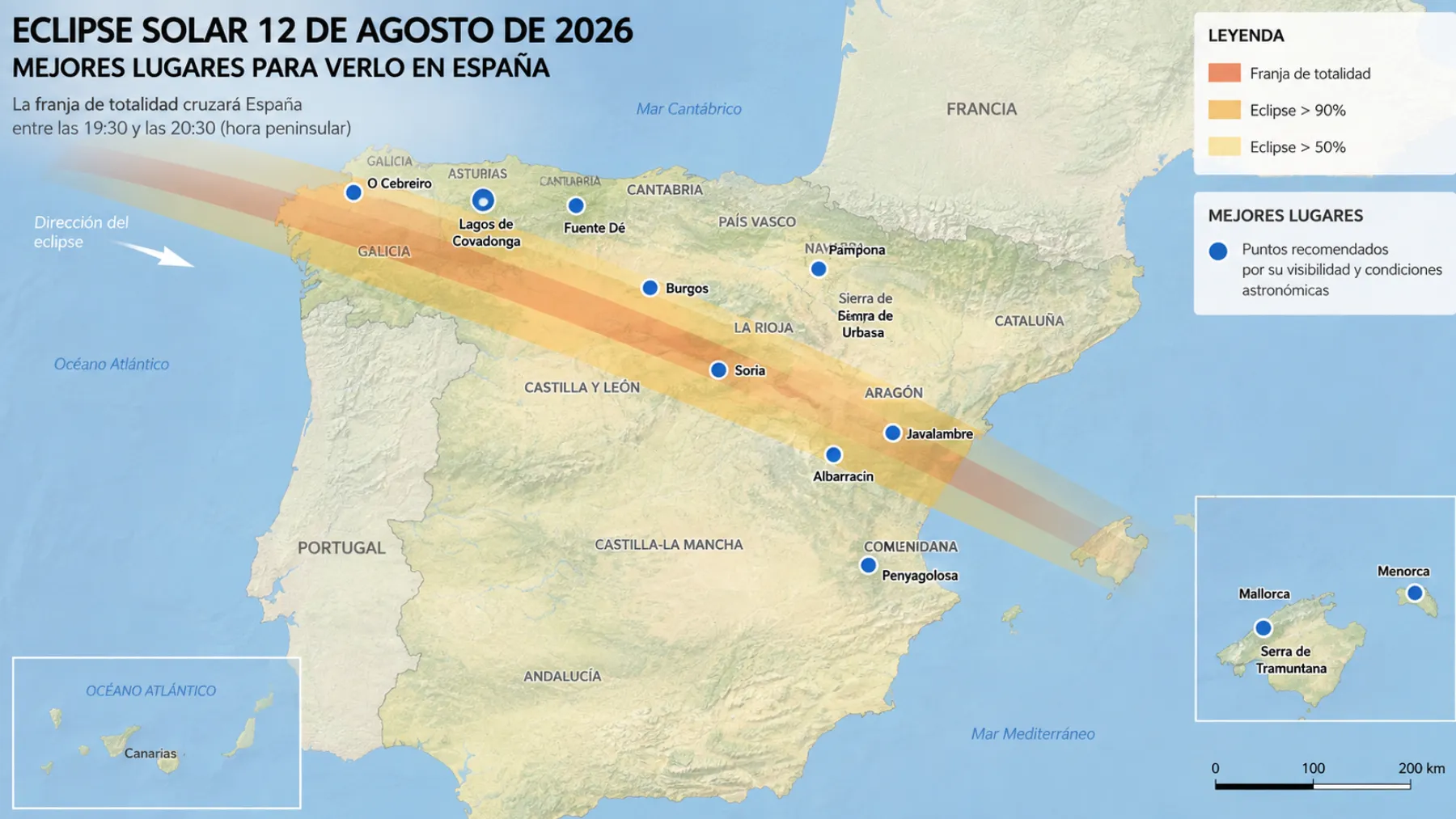 Mapa de los mejores lugares para ver el eclipse solar del 12 de agosto de 2026 en España
