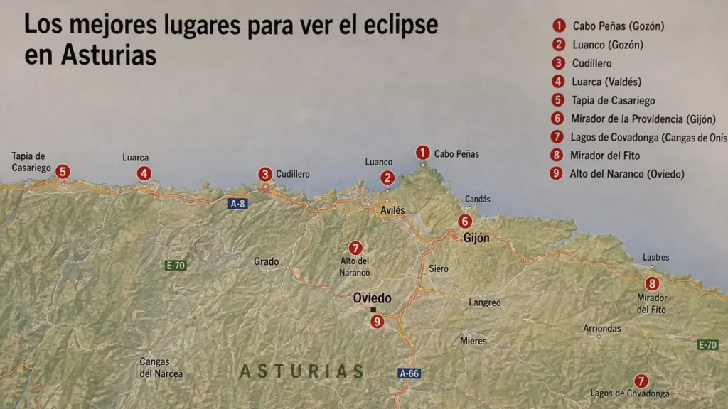 mapa de los mejores lugares para ver el eclipse en Asturias