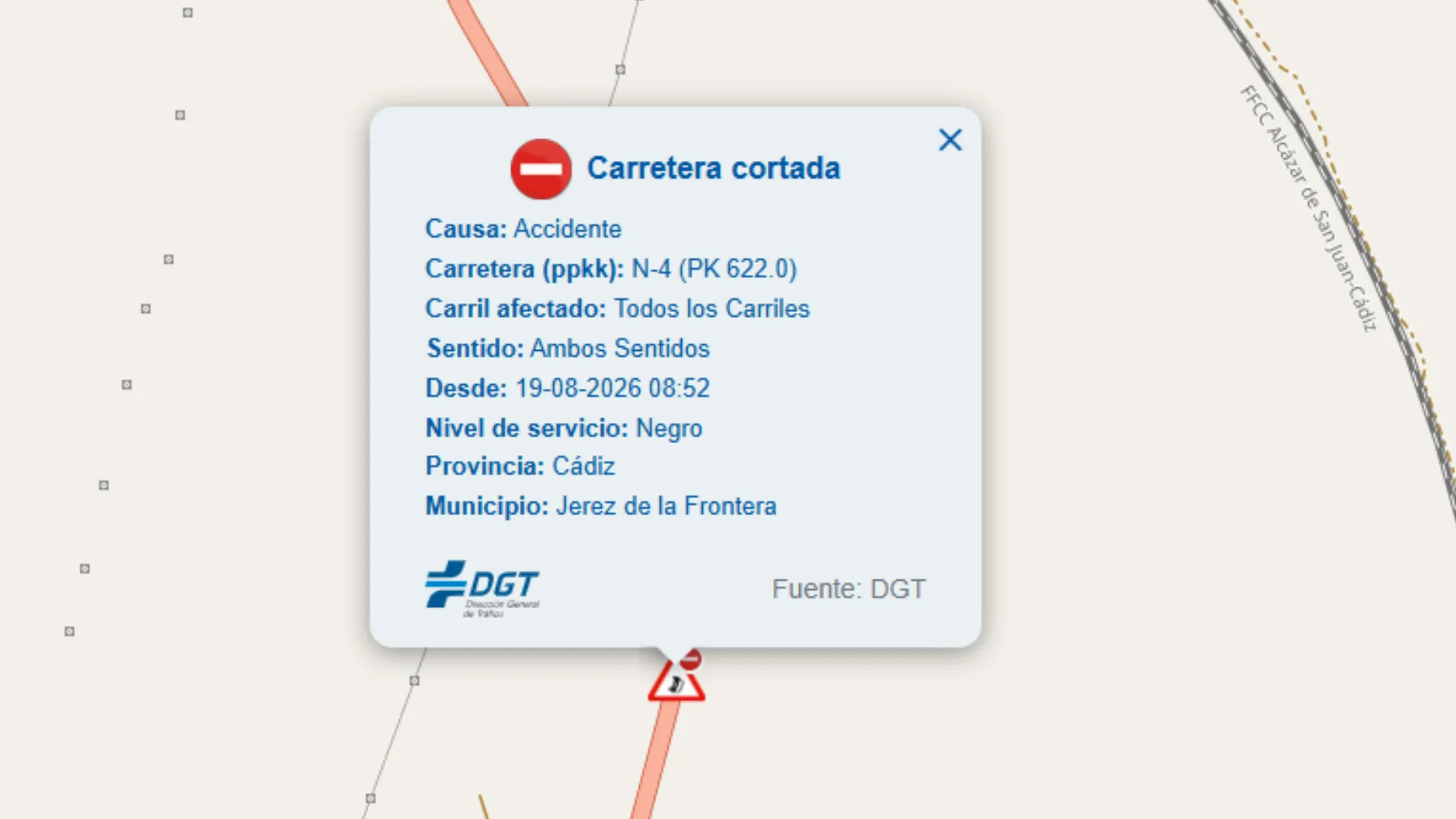 Corte de la N-IV en Jerez de la Frontera en ambos sentidos por un siniestro en el punto kilométrico 622