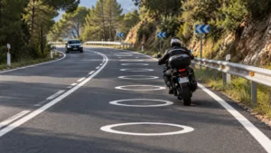 El 52% de las carreteras en España alcanza niveles no vistos en décadas: la medida más visible son unos círculos blancos pintados en las curvas