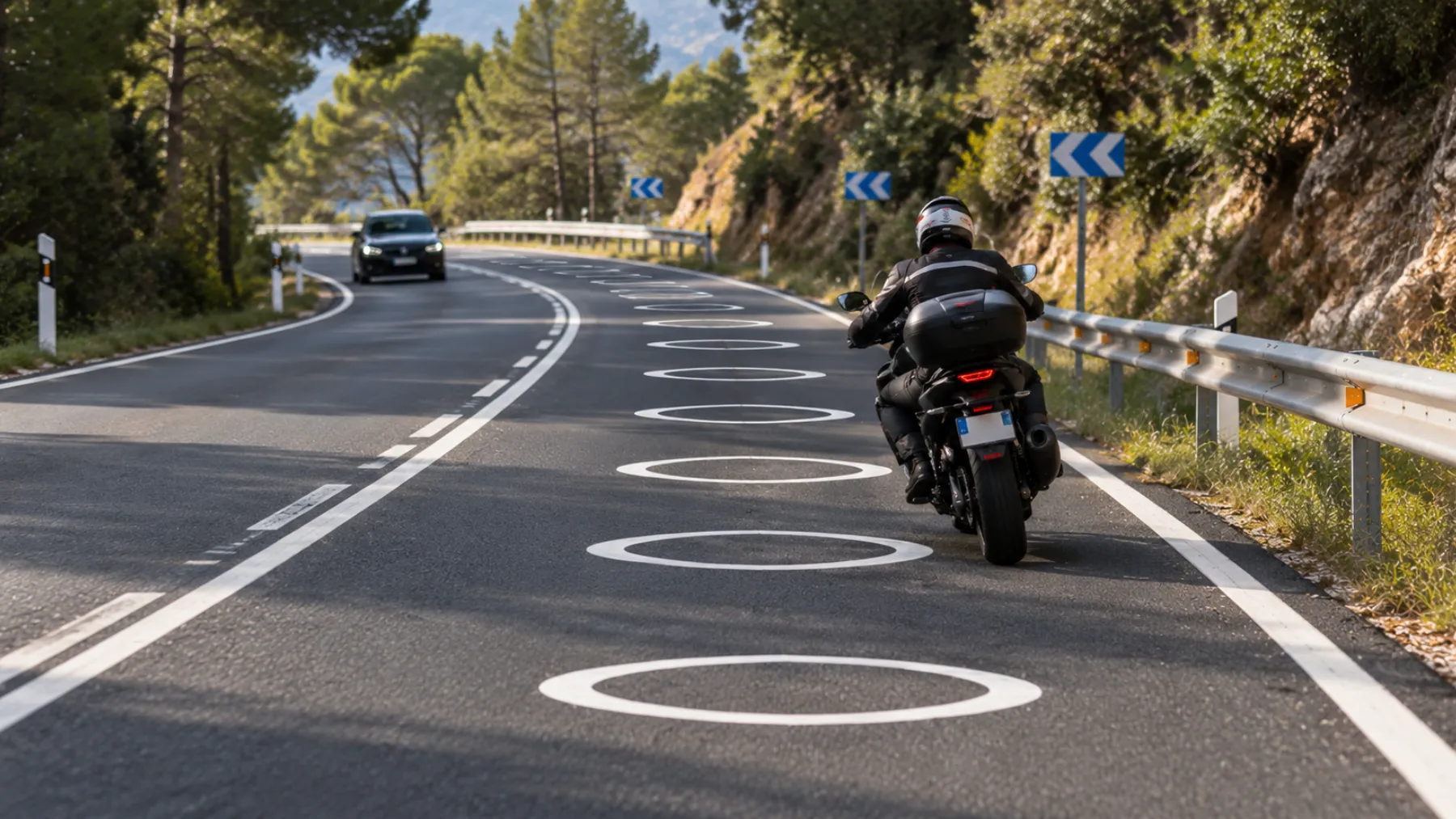 El 52% de las carreteras en España alcanza niveles no vistos en décadas: la medida más visible son unos círculos blancos pintados en las curvas